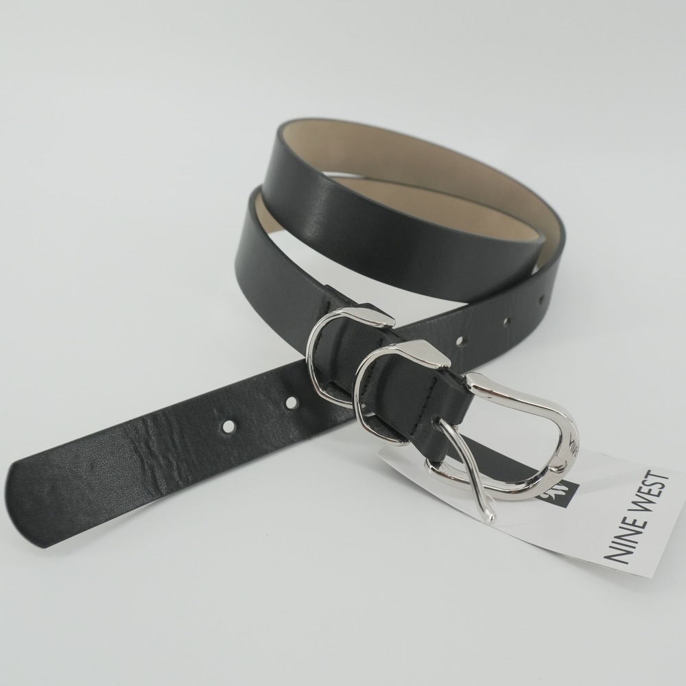 Nine West Belt Womens Large Black Silver Buckle Faux Leather NB422501L-KH